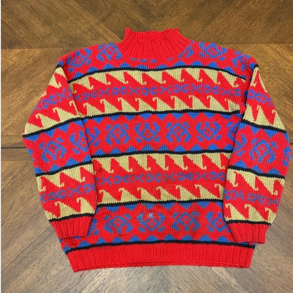 Vintage Cricket Hand‎ Knitted Cotton Sweater L Red Blue Geometric Fair Isle Mock